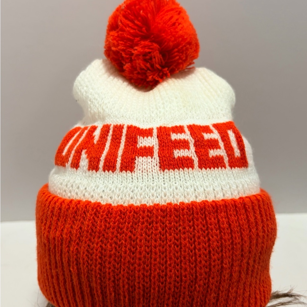 Vintage UNIFEED Orange and White Pom Cuffed Knit Beanie New Old Stock